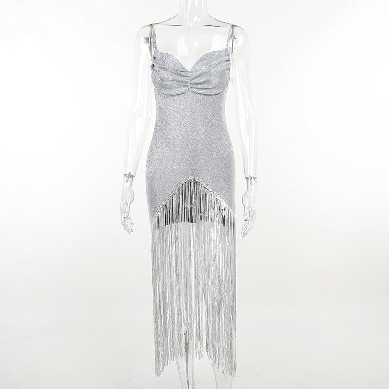 Solid ruched textured glitter tassels backless mini dress - View 2