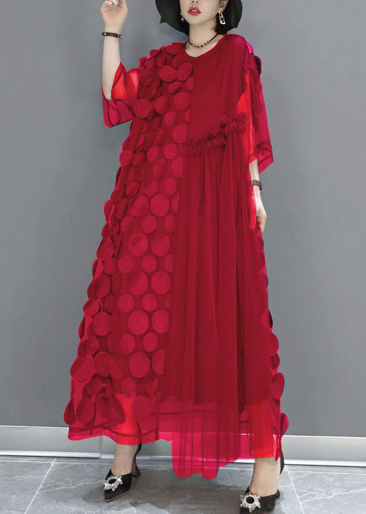 Mesh Asymmetrical Round Neck Elbow Sleeve Disc Maxi Party Dress - View 6