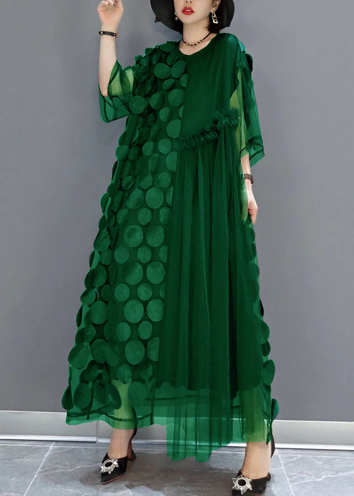 Mesh Asymmetrical Round Neck Elbow Sleeve Disc Maxi Party Dress - View 8