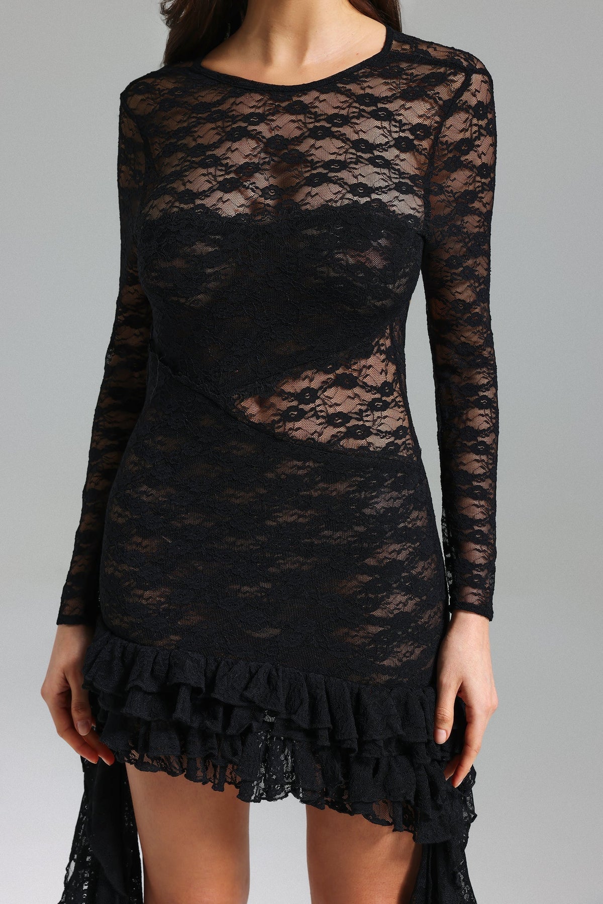 Lace Round Neck Long Sleeve Ruffle Asymmetric Hem Bodycon Mini Dress - View 5