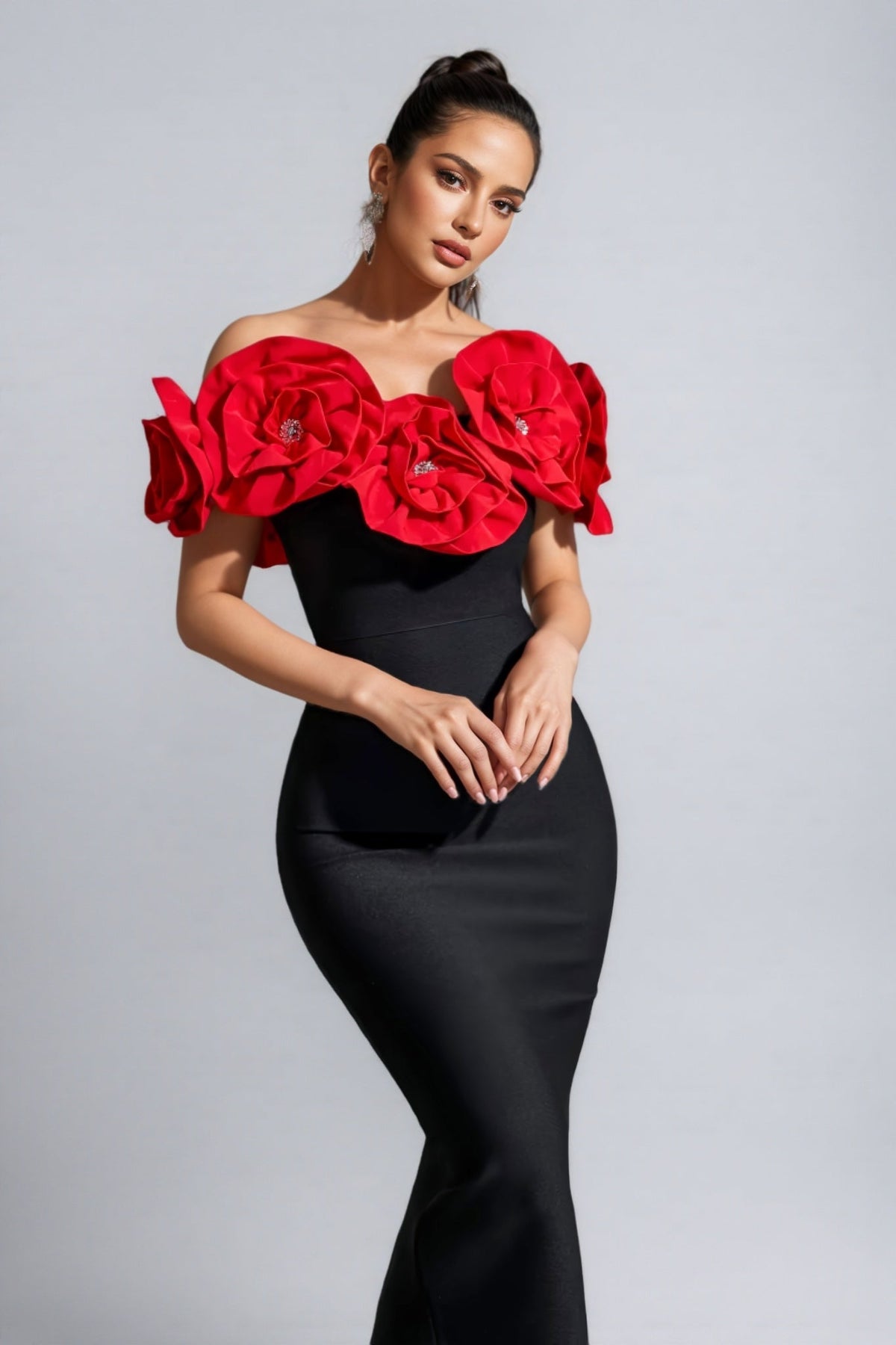 Bandage 3D Rose Off Shoulder Bodycon Maxi Dress - View 5