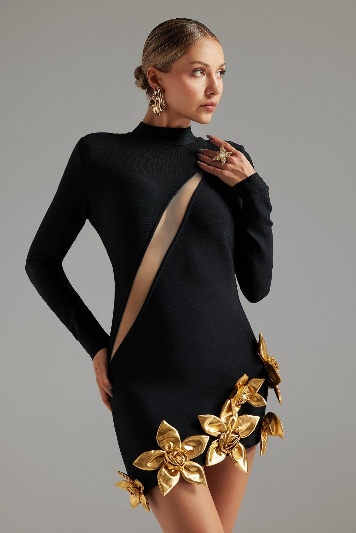 High Neck Long Sleeve Cut Out Floral Applique Bodycon Mini Dress - View 4