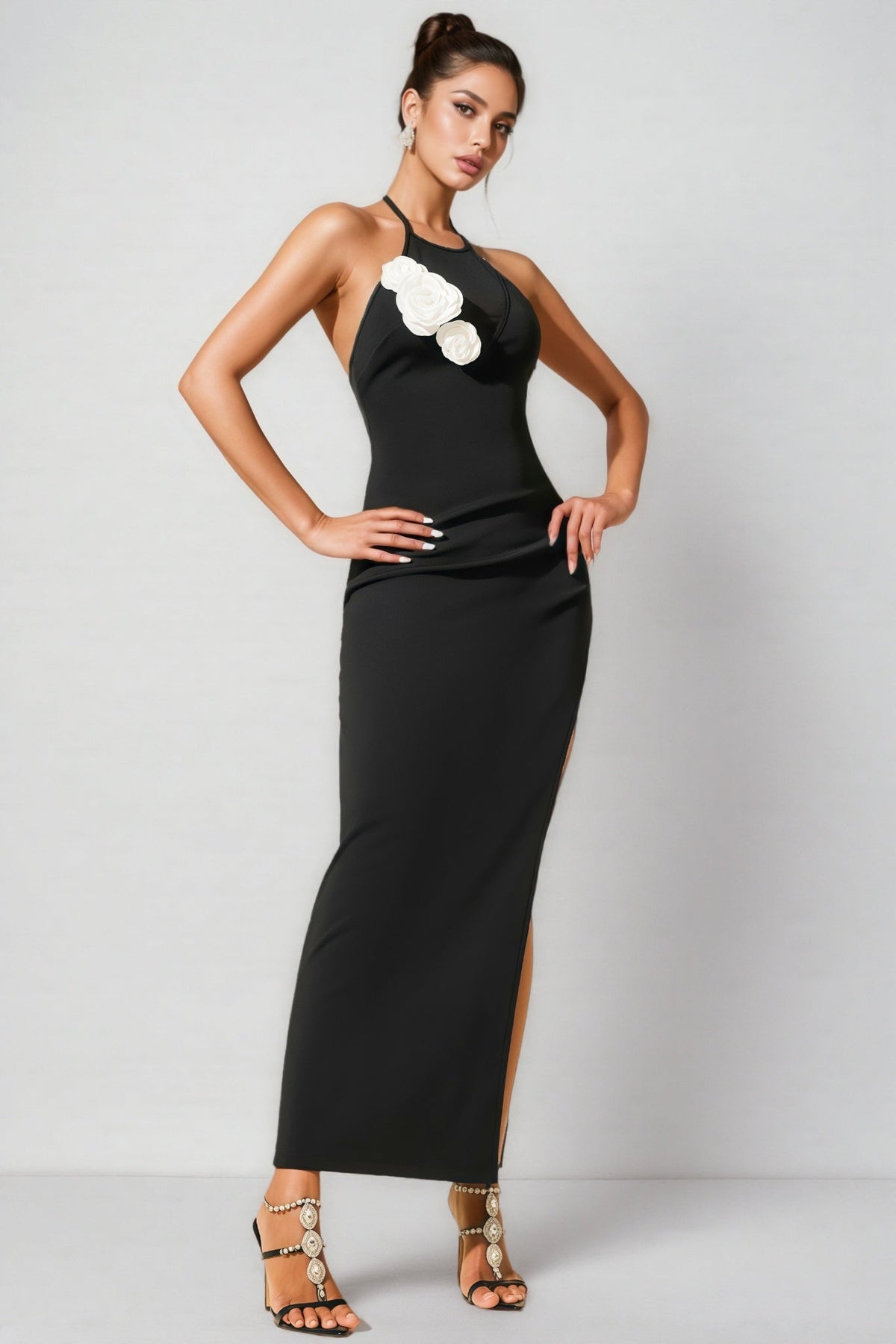3D Floral Halter Neck High Split Maxi Dress - View 5