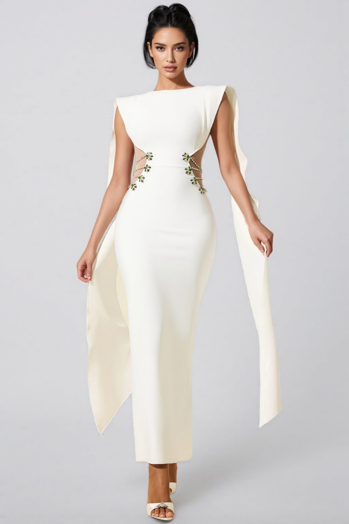 Sleeveless Boat Neck Cape Panel Side Cut Out Beaded Strap Maxi Gown