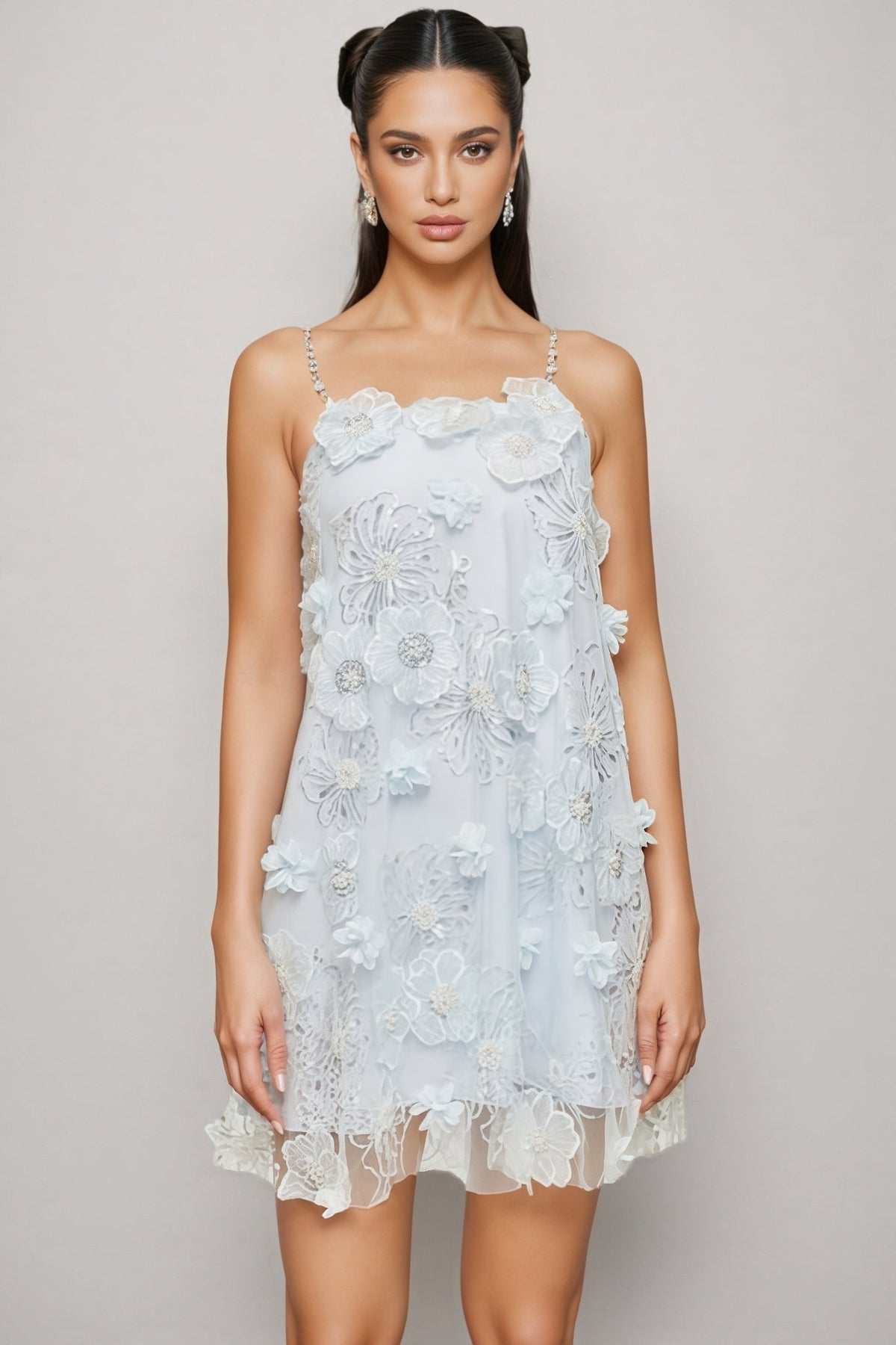 3D Floral Mesh Spaghetti Strap Beaded A-Line Mini Dress - View 4