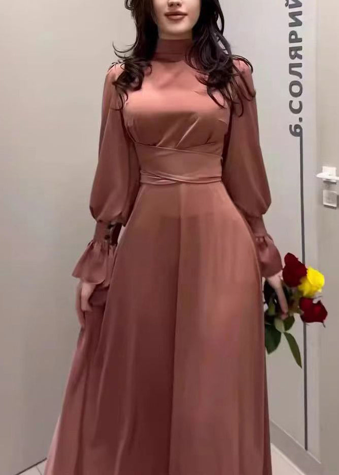 Satin Mock Neck Bishop Sleeve Wrap Tie Waist Floor Length Dress