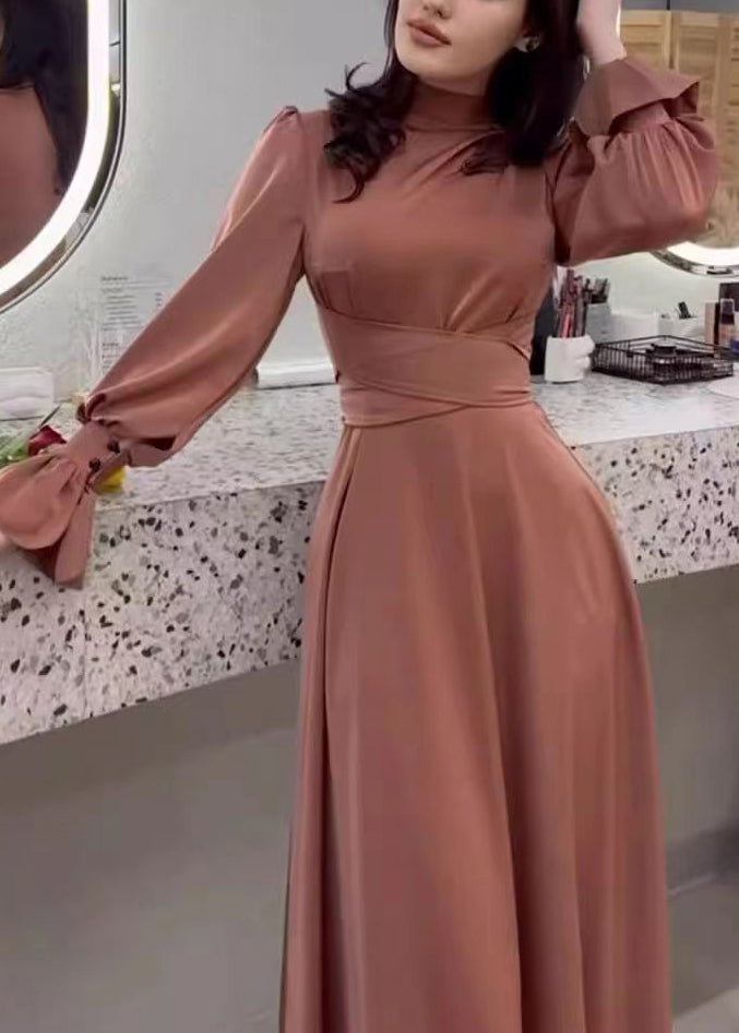 Satin Mock Neck Bishop Sleeve Wrap Tie Waist Floor Length Dress - View 3