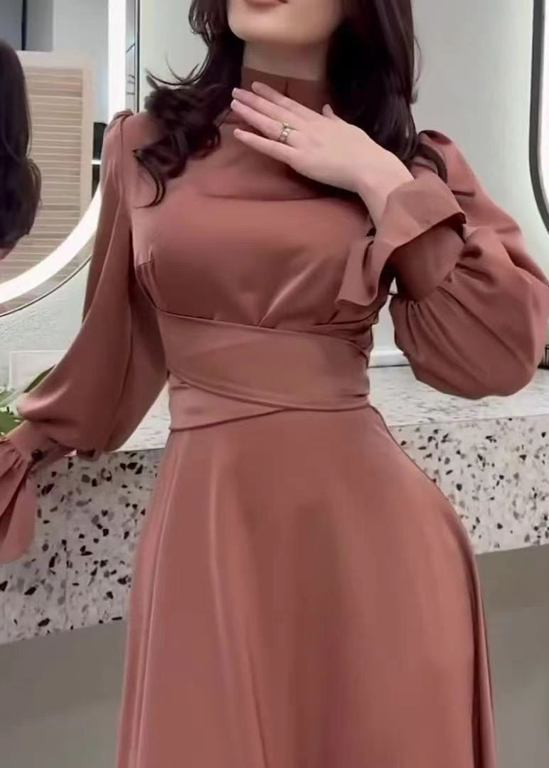 Satin Mock Neck Bishop Sleeve Wrap Tie Waist Floor Length Dress - View 4