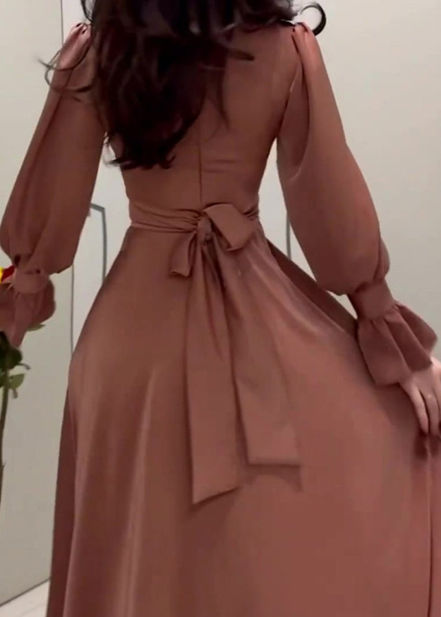 Satin Mock Neck Bishop Sleeve Wrap Tie Waist Floor Length Dress - View 5