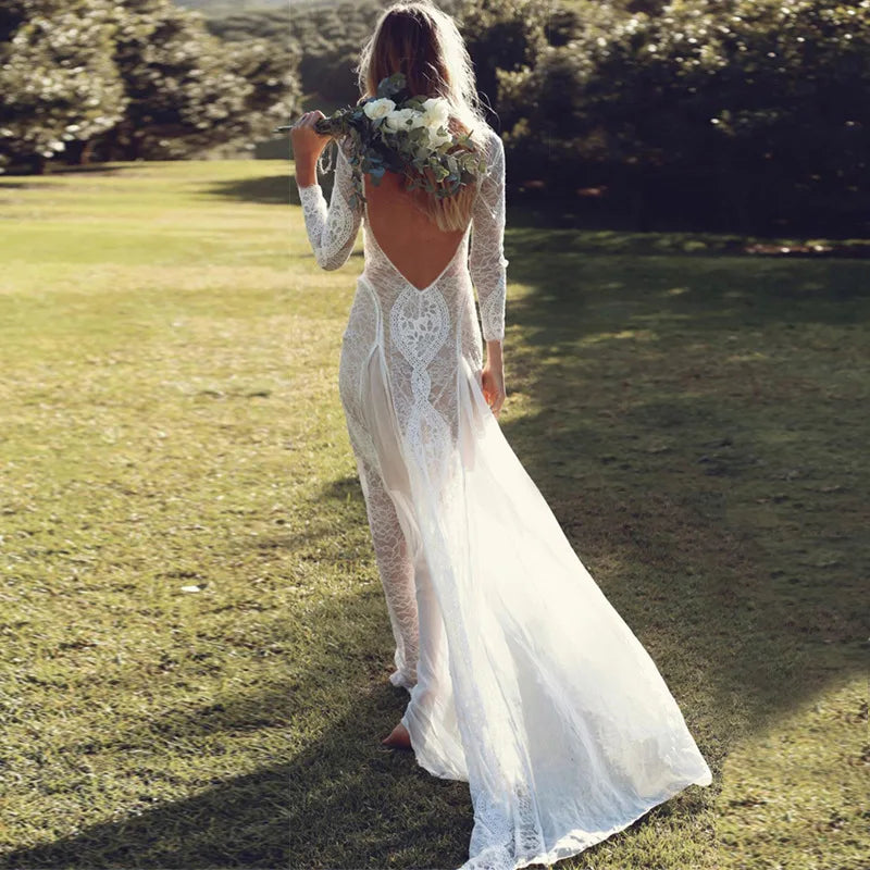 Sheer Floral Lace Long Sleeve High Slit Maxi Dress 2