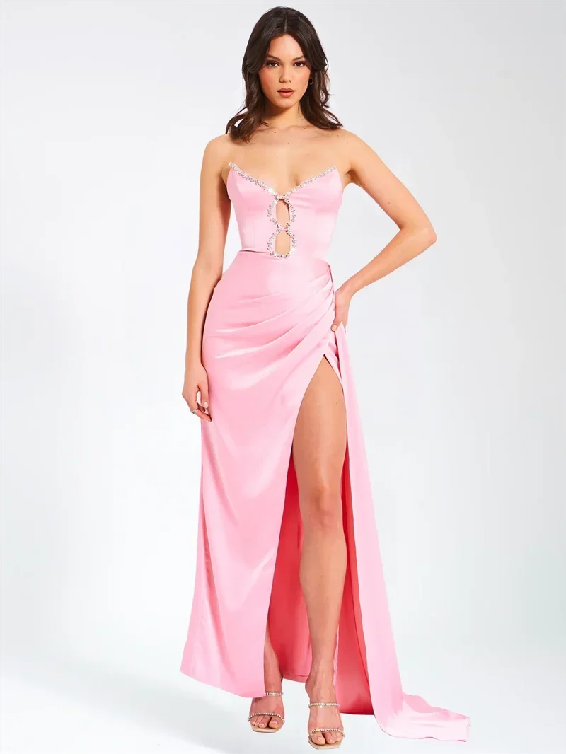 Strapless Sweetheart Rhinestone Ruched High Split Satin Maxi Dress 7