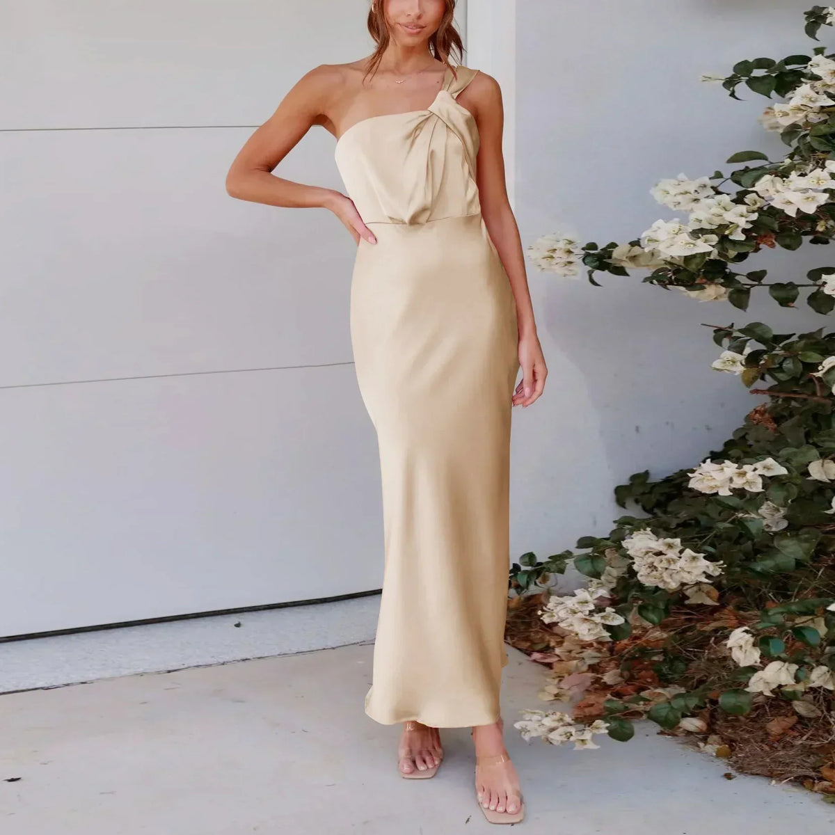 Satin One Shoulder Midi Dress