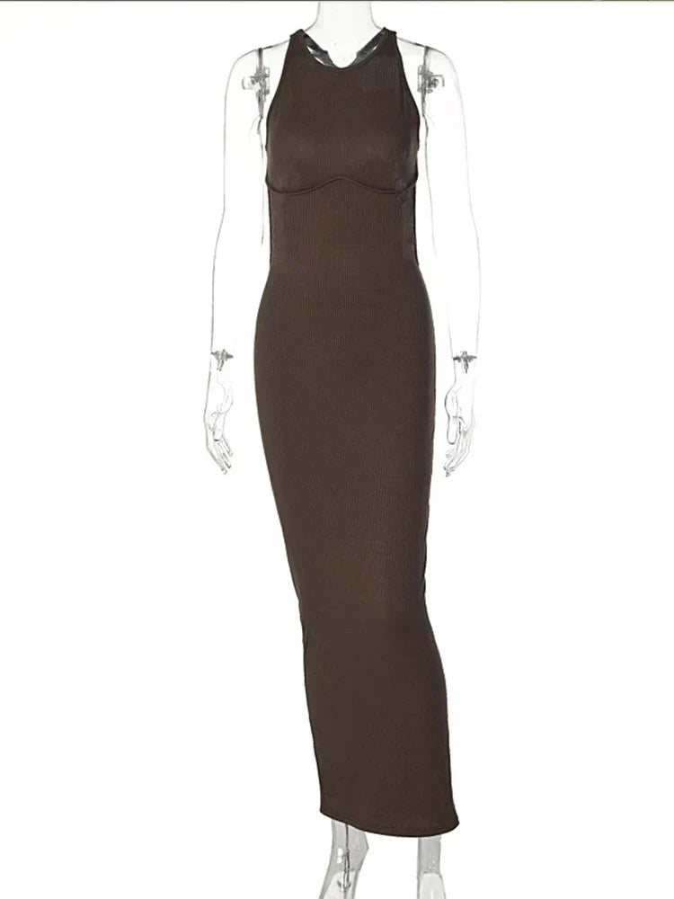 Mock Neck Sleeveless Cut Out Back Bodycon Knit Maxi Dress - View 6
