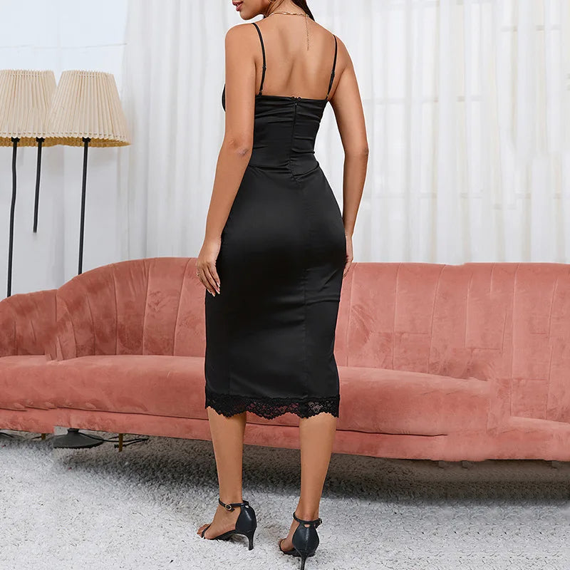 Lace Trim Halter V-Neck Sleeveless Midi Dress - View 3
