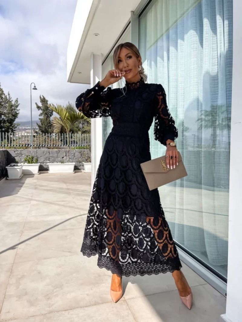 Crochet Lace High Neck Long Sleeve Maxi Dress 3