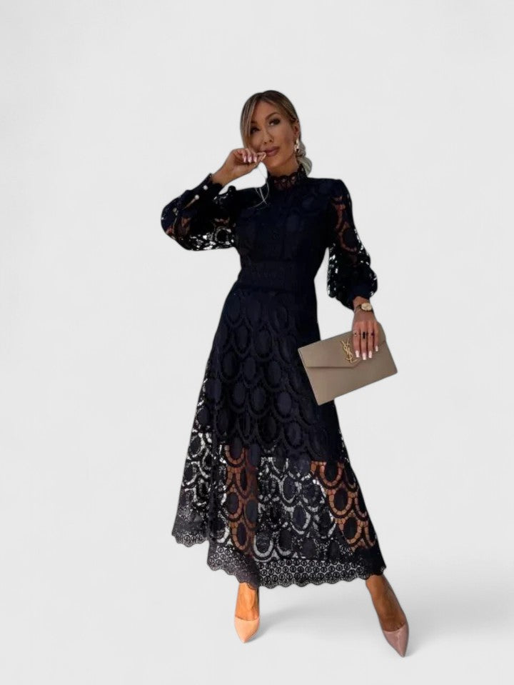 Crochet Lace High Neck Long Sleeve Maxi Dress