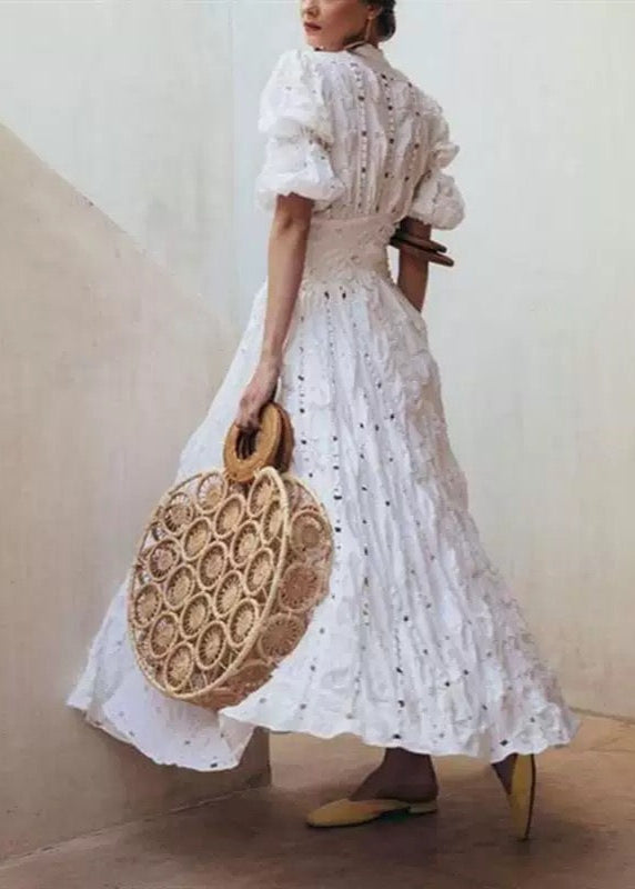 Lace Deep V-Neck Puff Sleeve Button Front Tiered Maxi Dress - View 3