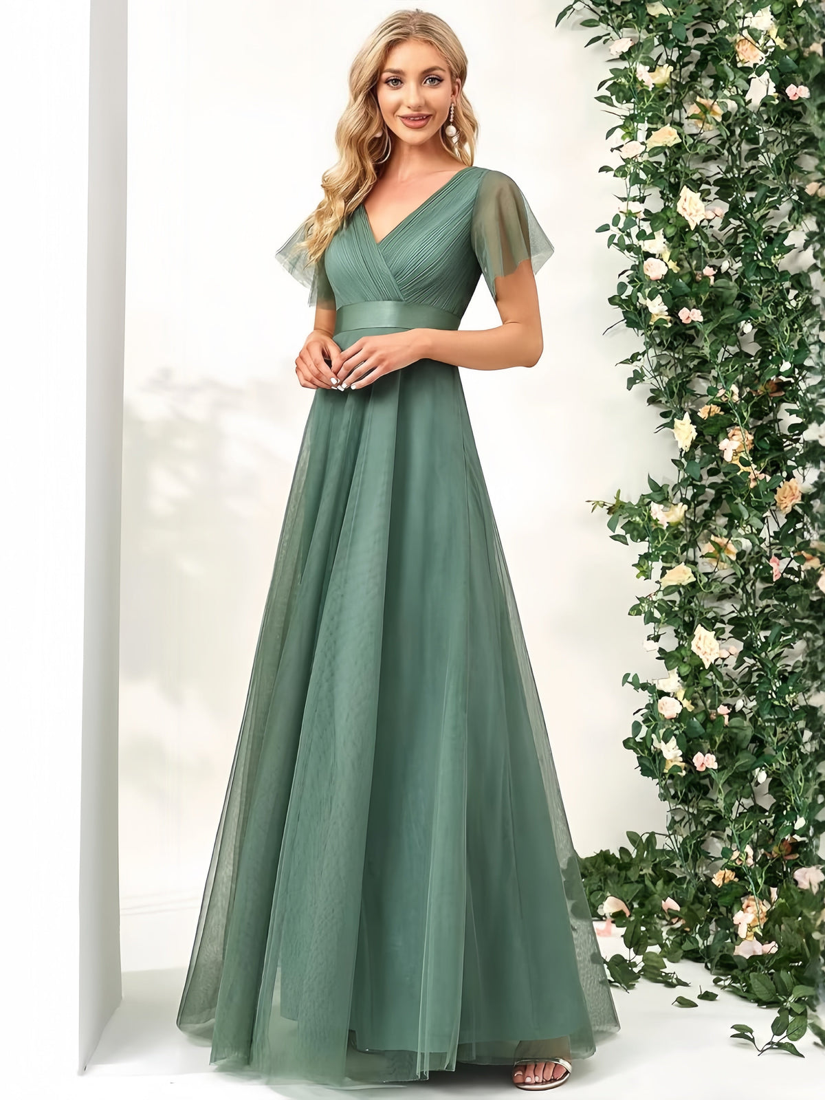 Mesh Flutter Sleeve Ruched Surplice V-Neck A-Line Maxi Gown