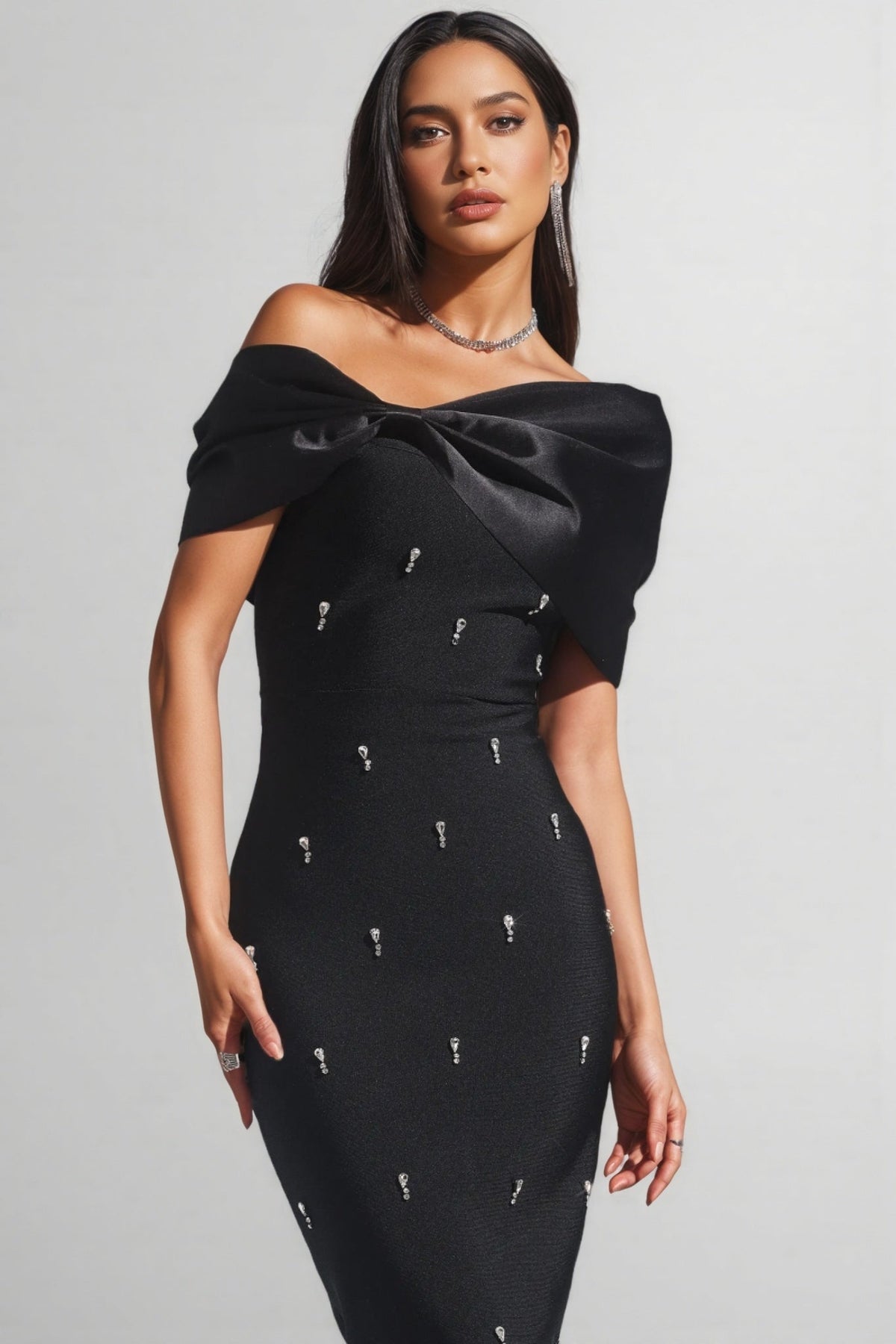 Crystal Embellished Asymmetric Off Shoulder Fold Maxi Dress - View 2