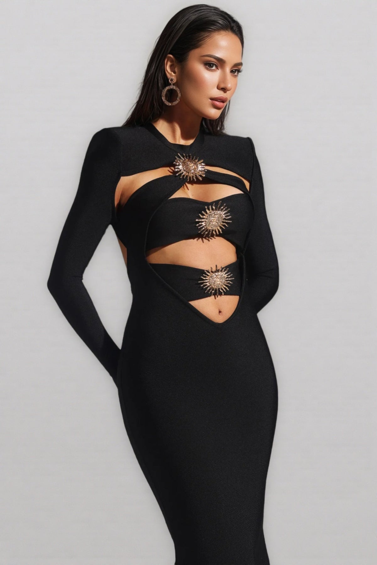 Cut Out Long Sleeve Sunburst Medallion Mermaid Bandage Maxi Gown - View 3