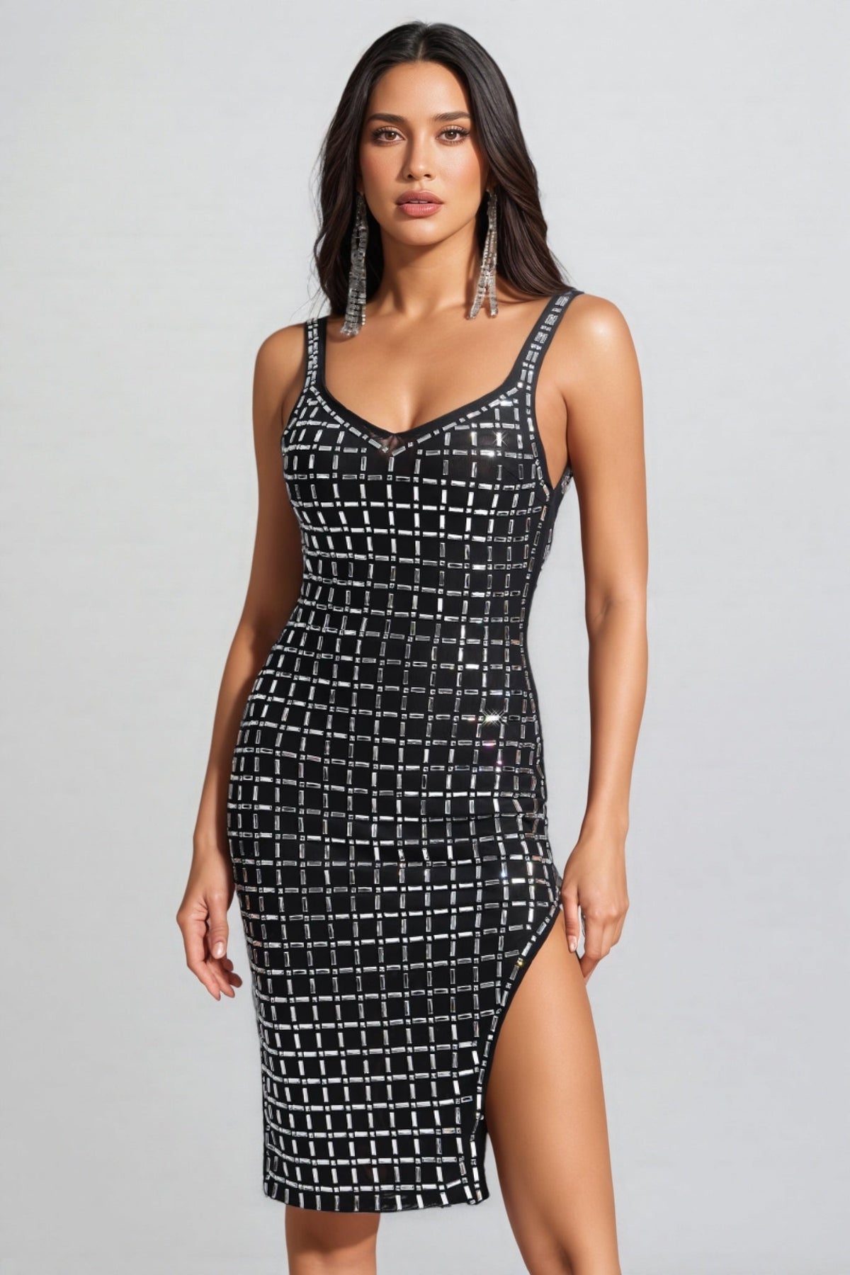 Sequin V-Neck Sleeveless Bodycon Midi Party Dress - View 2