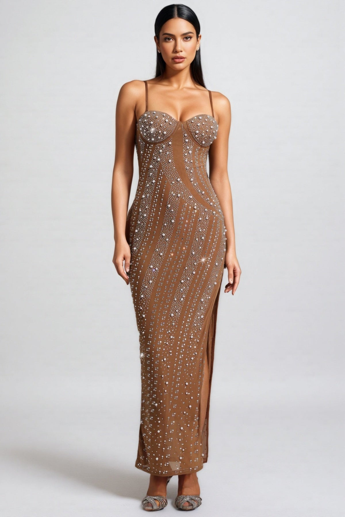 Rhinestone Embellished Sweetheart Spaghetti Strap Maxi Gown