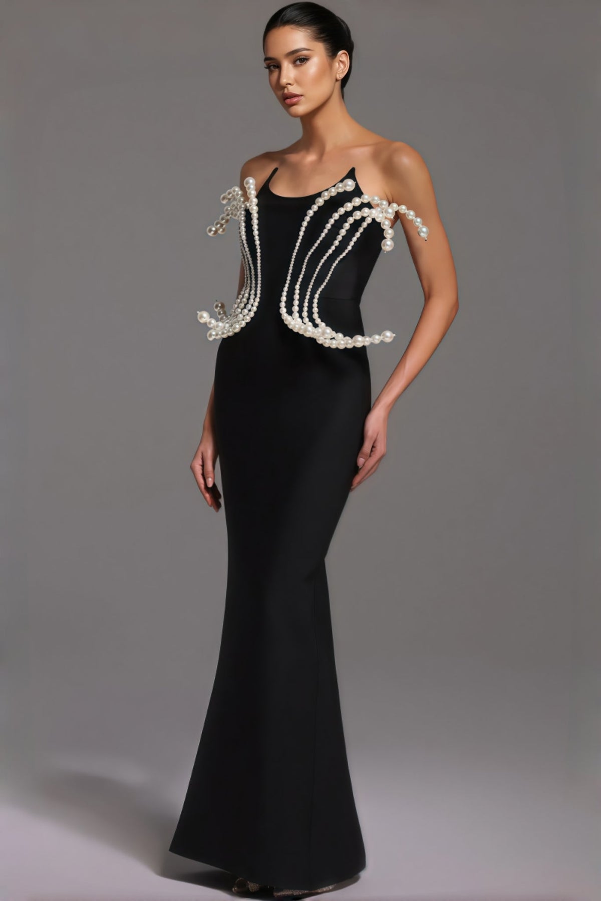 Pearl Embellished Spaghetti Strap Sculptural Bodice Column Maxi Gown - View 2