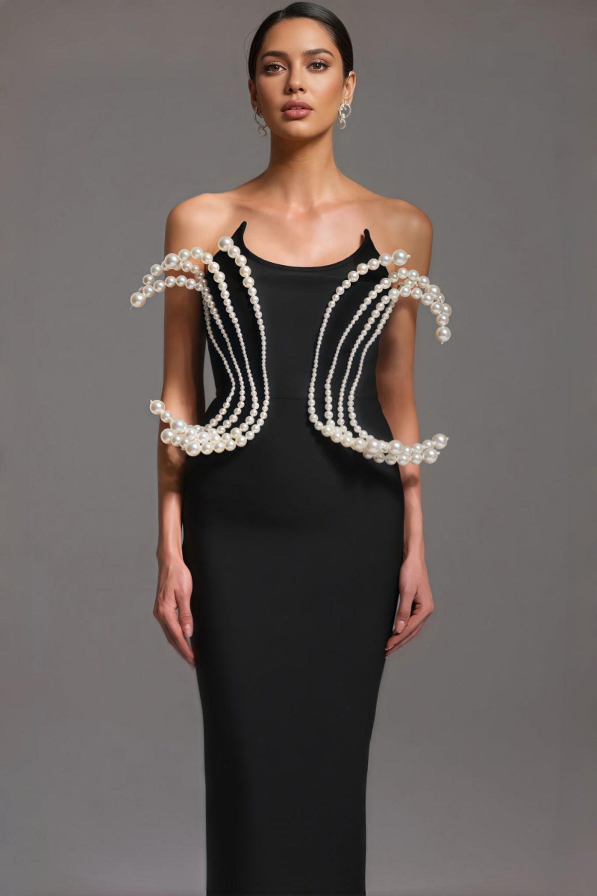 Pearl Embellished Spaghetti Strap Sculptural Bodice Column Maxi Gown - View 4