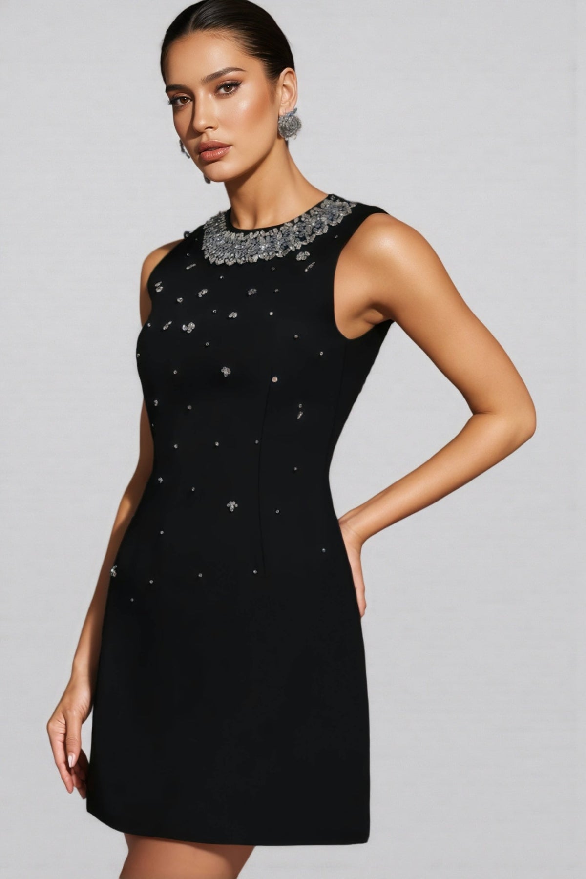 Beaded Floral Collar Sleeveless Shift Mini Dress - View 4