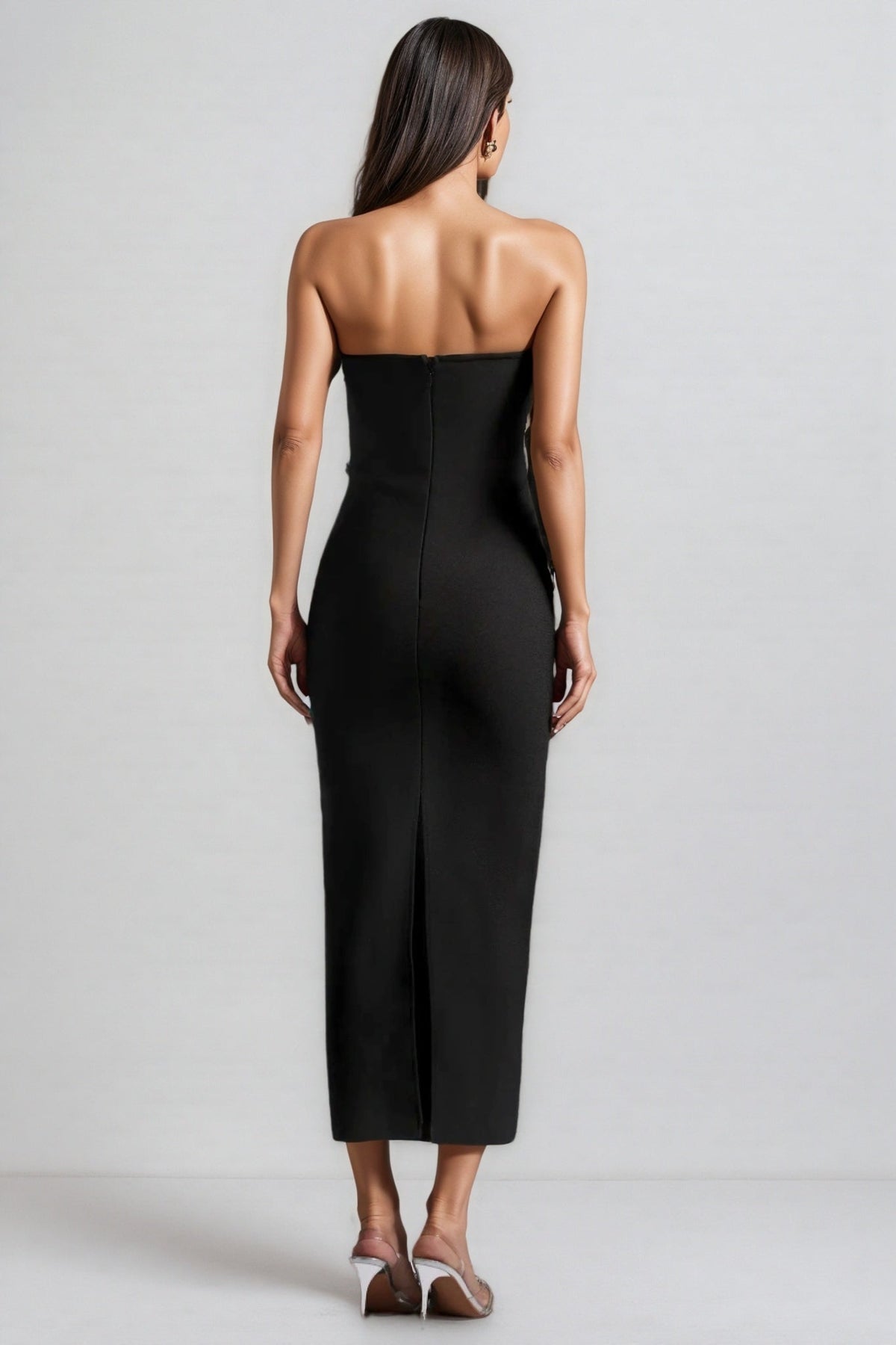 Strapless Crystal Wave Rhinestone Embellished Bandage Midi Dress - View 5