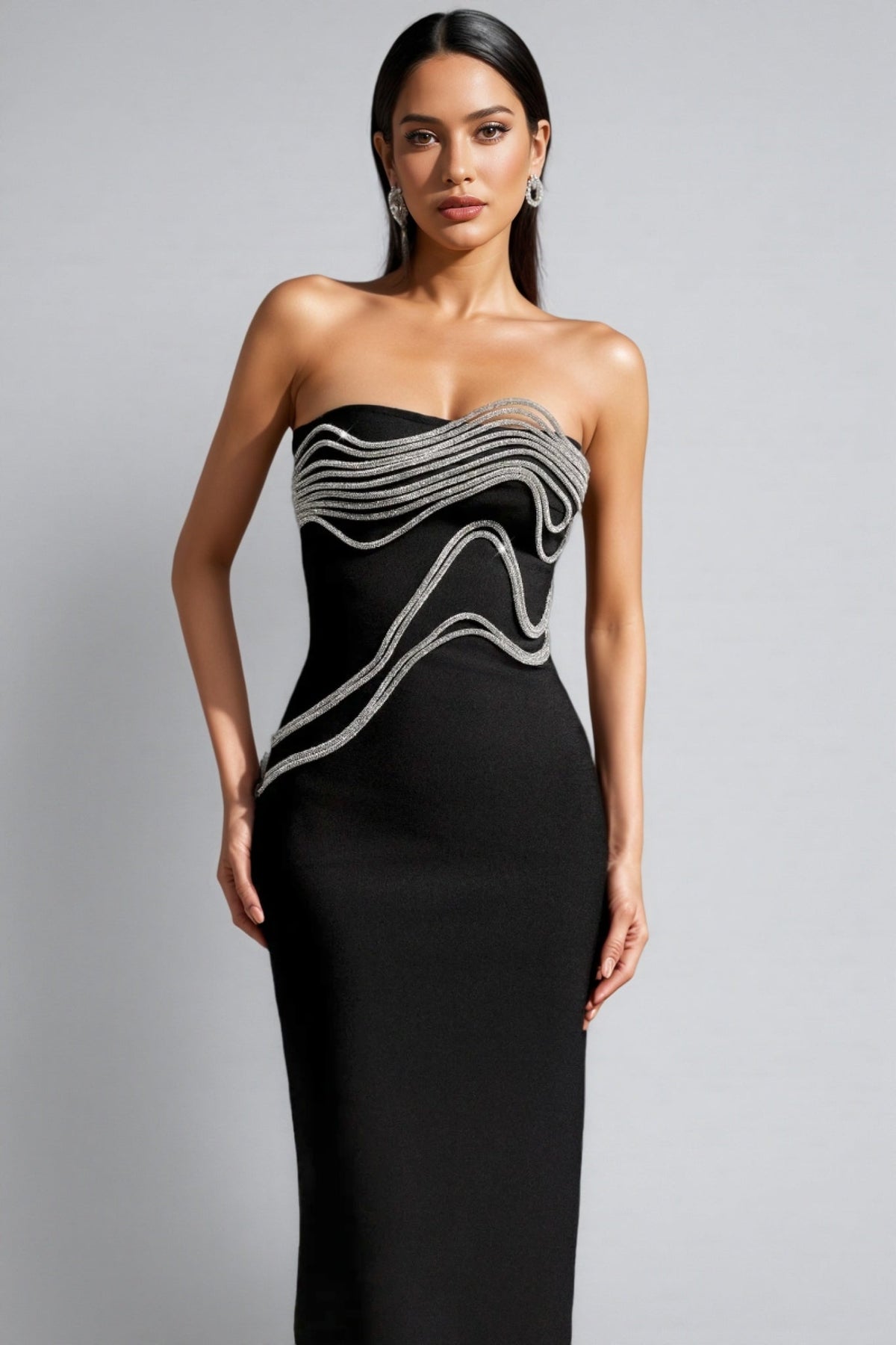 Strapless Crystal Wave Rhinestone Embellished Bandage Midi Dress - View 2