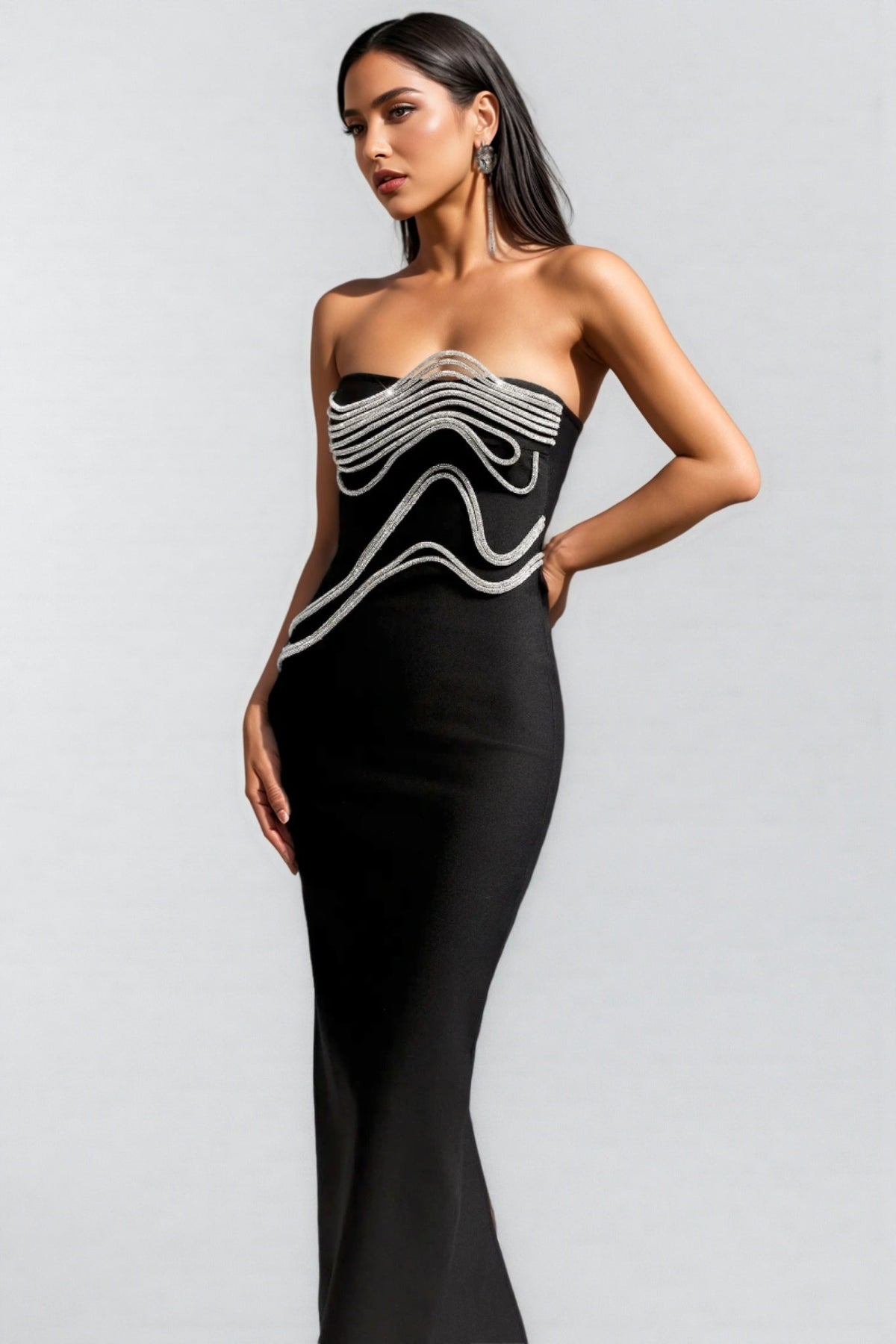 Strapless Crystal Wave Rhinestone Embellished Bandage Midi Dress - View 3