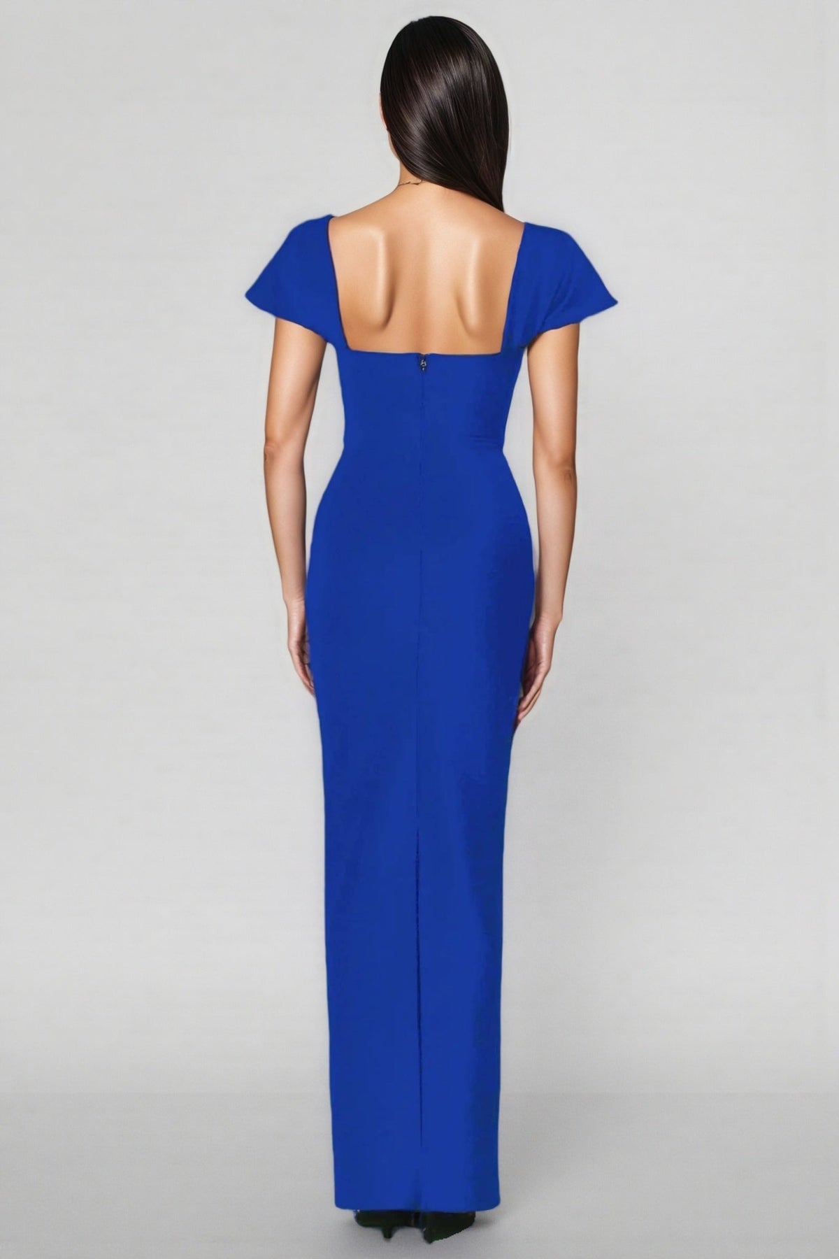 Rhinestone Trim Square Neck Flared Cap Sleeve Bandage Column Maxi Gown - View 3