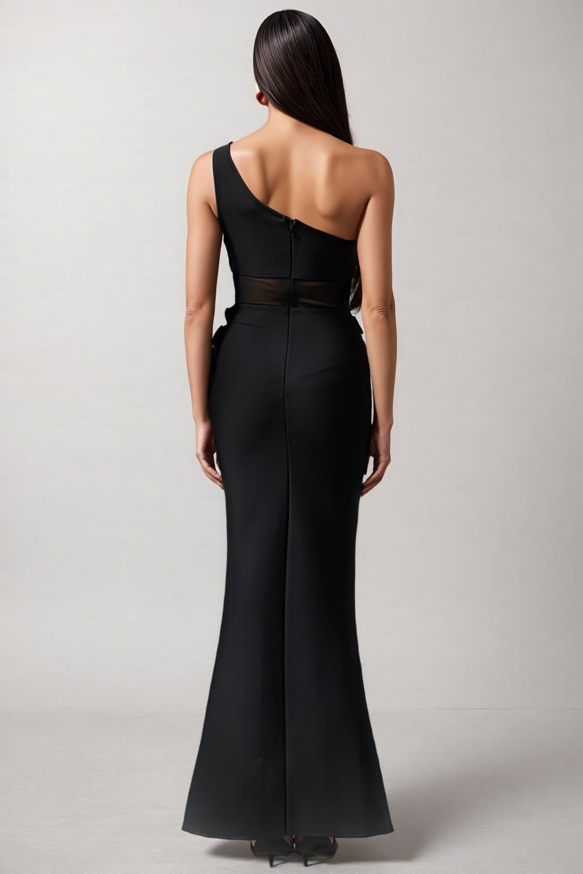 One Shoulder Floral Applique Mesh Cut Out Mermaid Maxi Gown - View 4