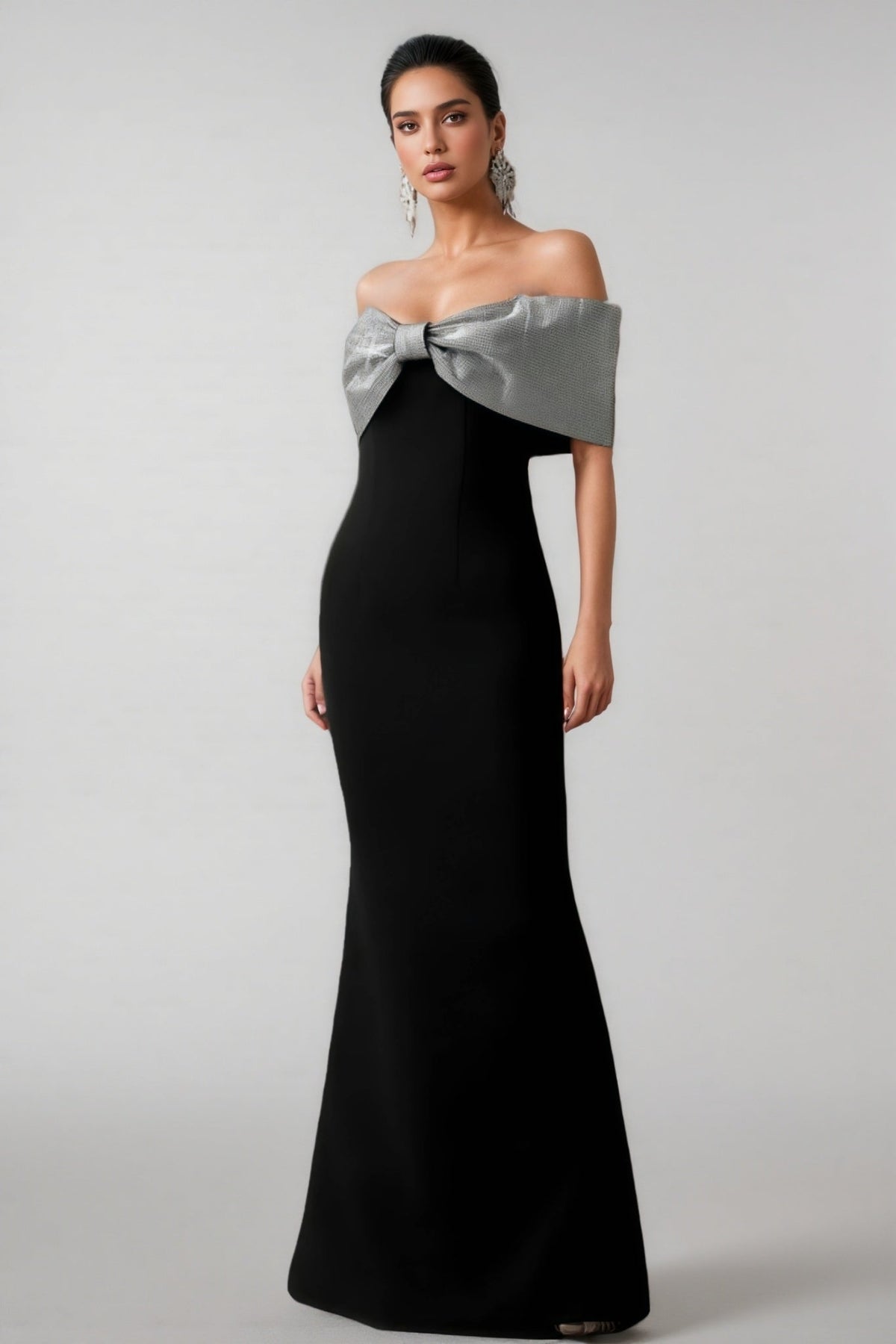 Off Shoulder Metallic Bow Bodycon Maxi Gown - View 2
