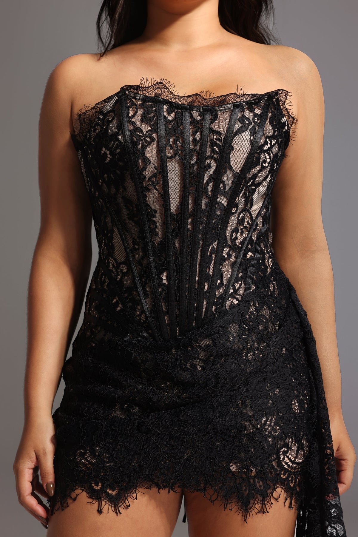 Lace Strapless Corset Ruched Asymmetric Mini Dress - View 5