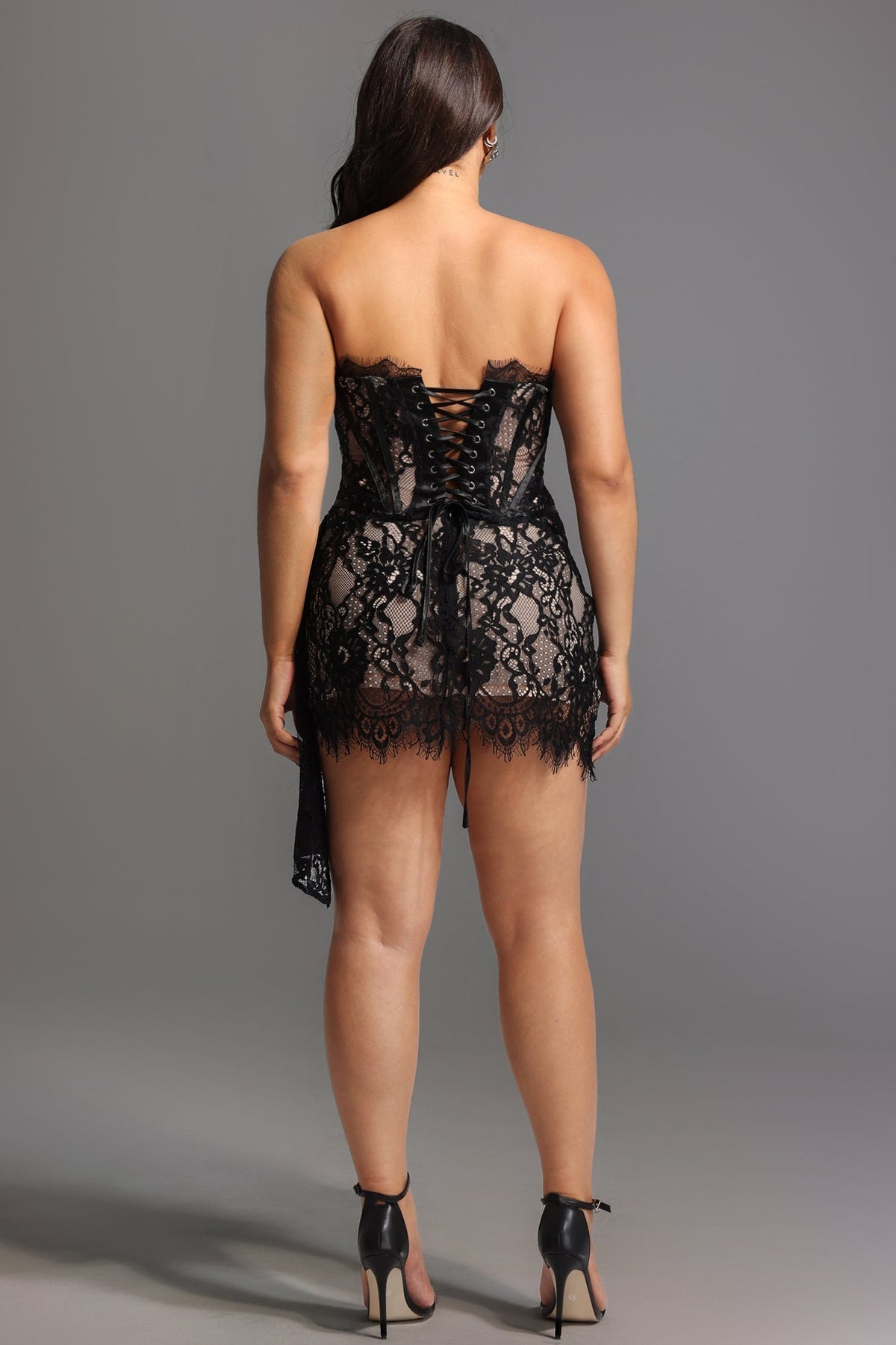 Lace Strapless Corset Ruched Asymmetric Mini Dress - View 6