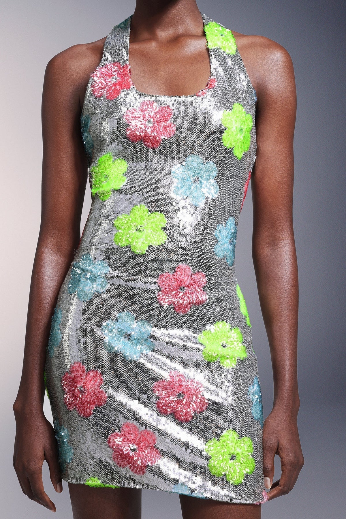 Floral Sequin Scoop Neck Backless Bodycon Mini Party Dress - View 5