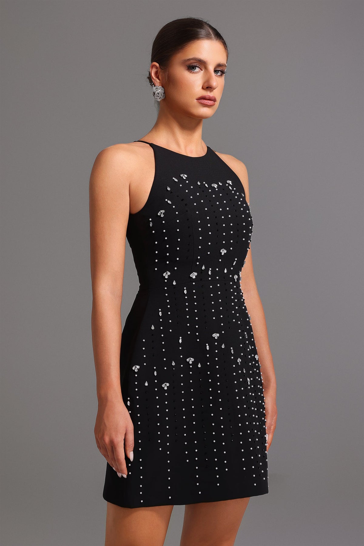 Pearl Rhinestone Vertical Stripe High Neck Bodycon Mini Dress - View 4