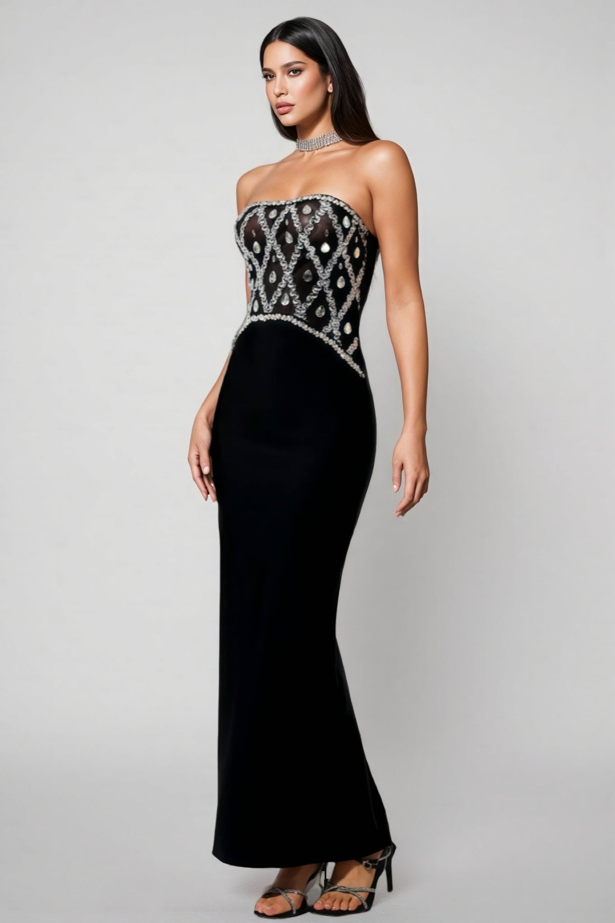 Crystal Lattice Mesh Strapless Scalloped Bodice Column Maxi Gown - View 2