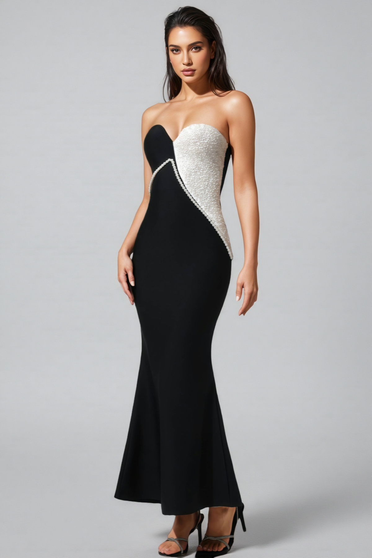 Strapless Sweetheart Pearl Trim Asymmetric Mermaid Maxi Gown