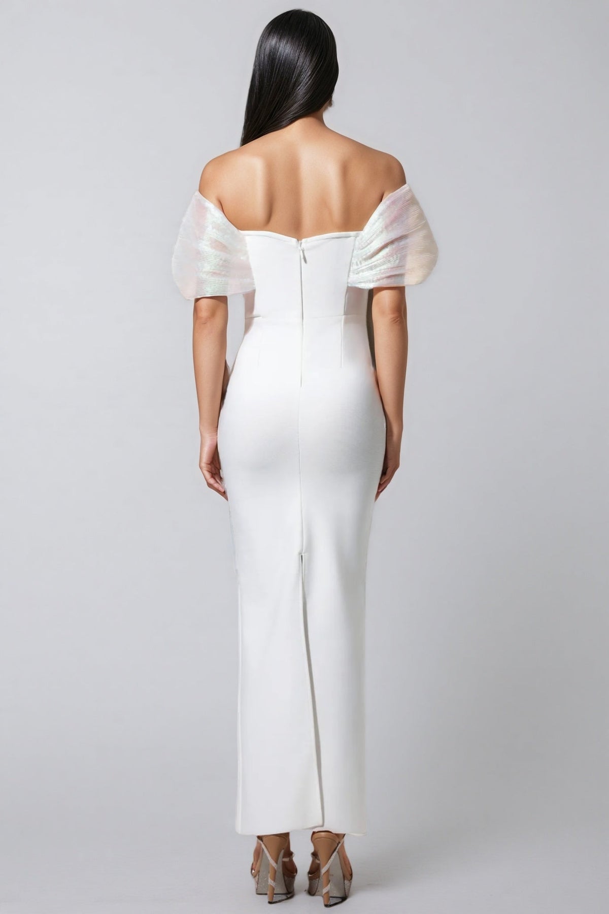 Pearl Embellished Off Shoulder Cape Sleeve Deep V-Neck Maxi Gown - View 5