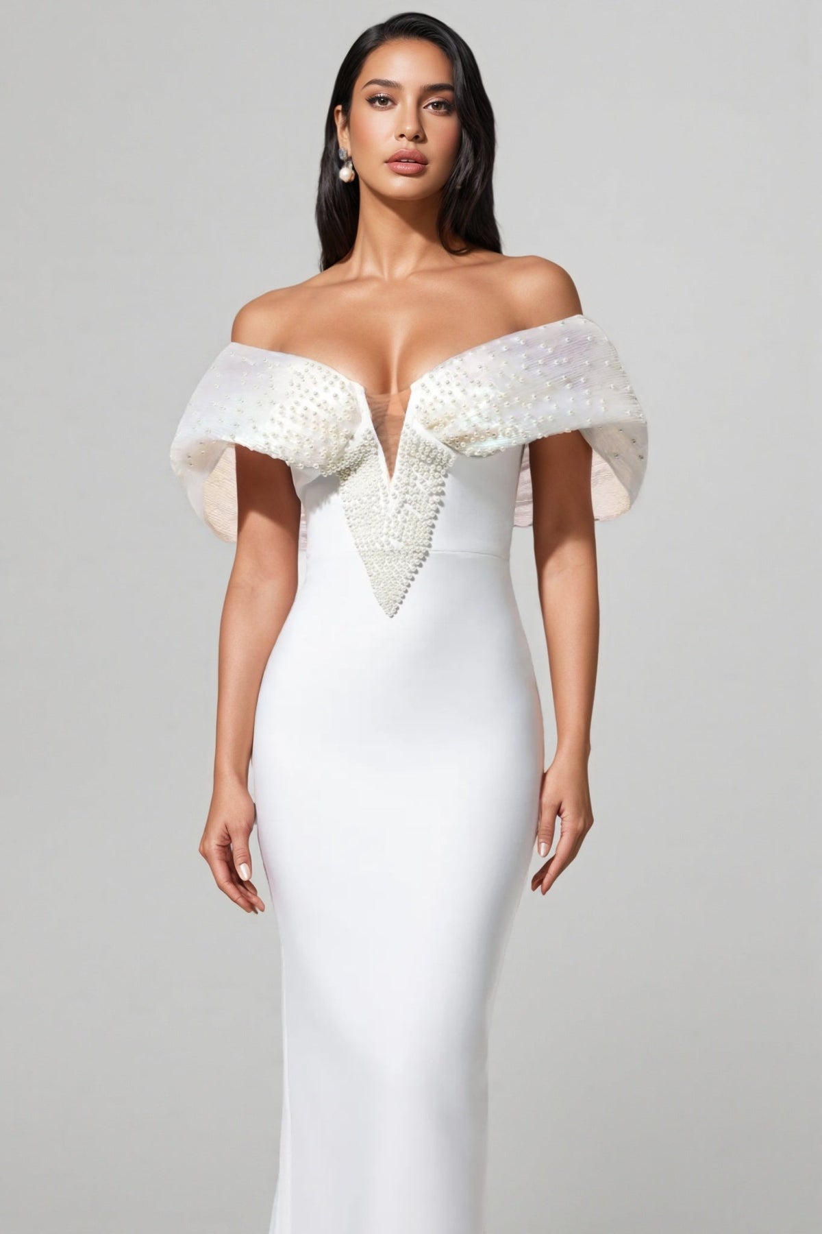 Pearl Embellished Off Shoulder Cape Sleeve Deep V-Neck Maxi Gown - View 3