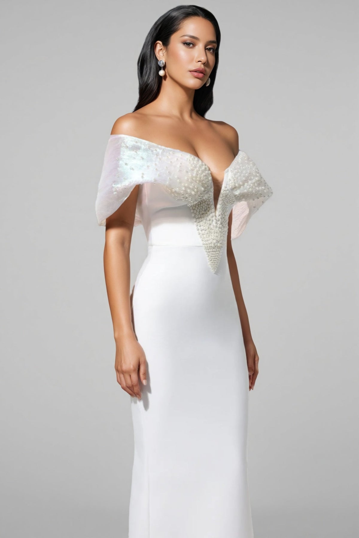 Pearl Embellished Off Shoulder Cape Sleeve Deep V-Neck Maxi Gown - View 4