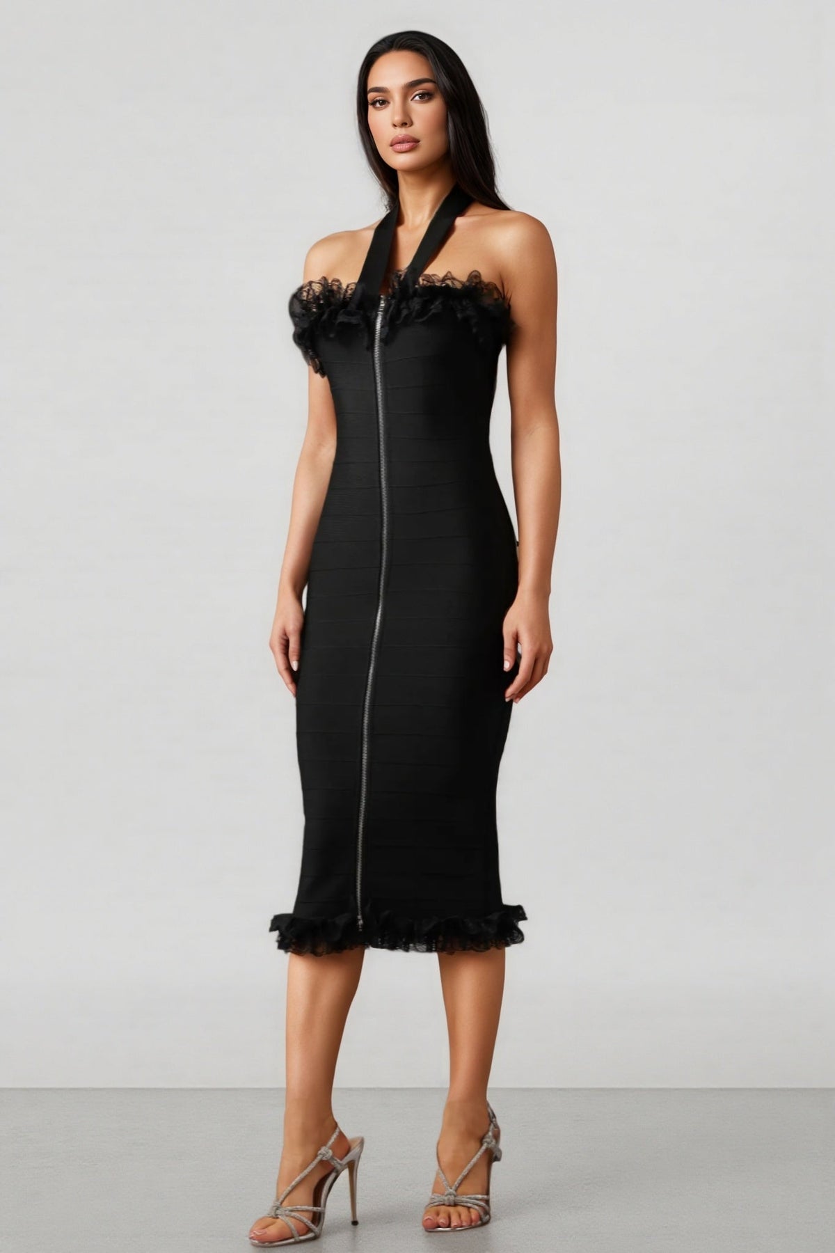 Lace V-Neck Sleeveless Bodycon Midi Party Dress - View 2