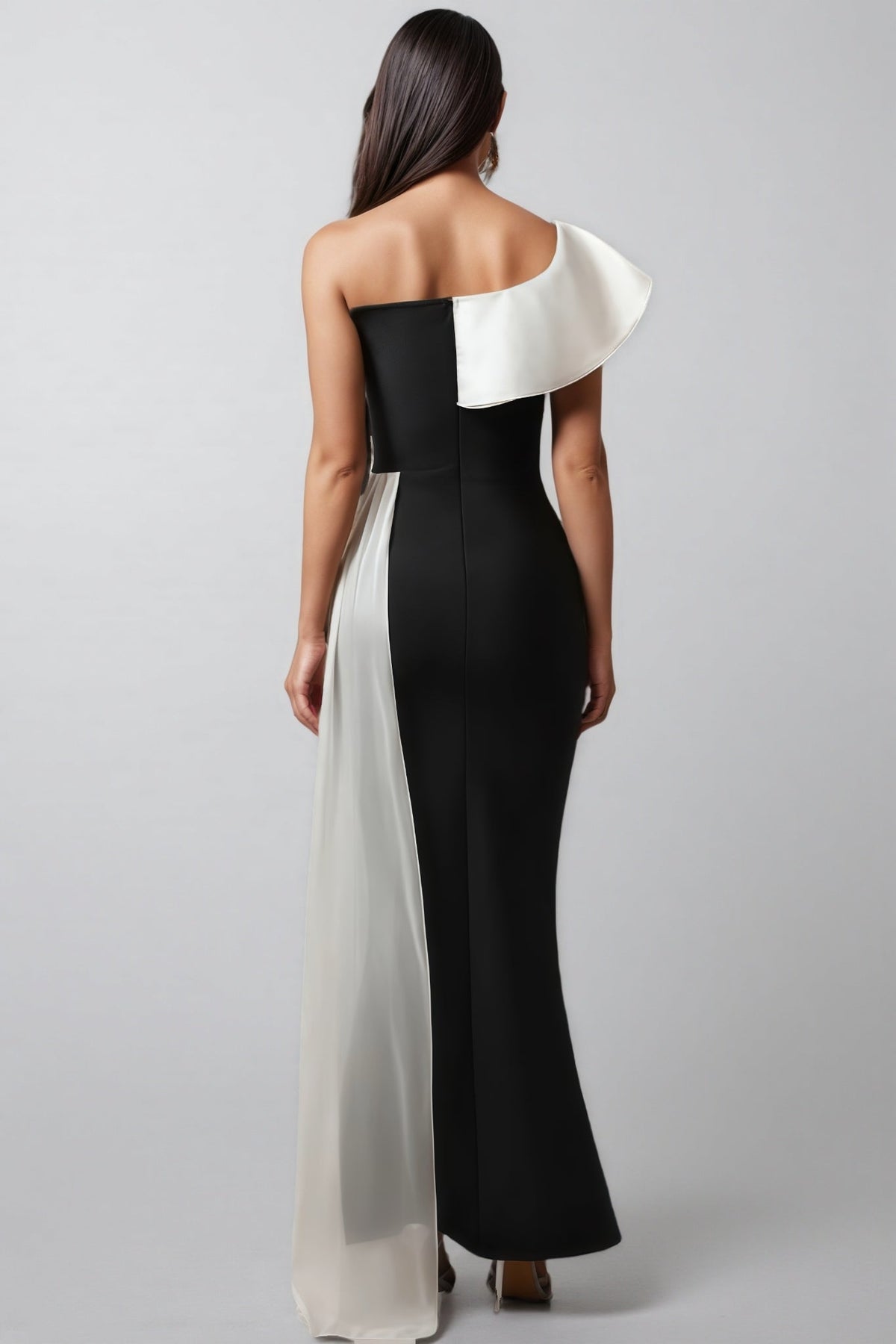 One Shoulder Oversized Ruffle Mermaid Bandage Sheer Train Maxi Gown - View 3