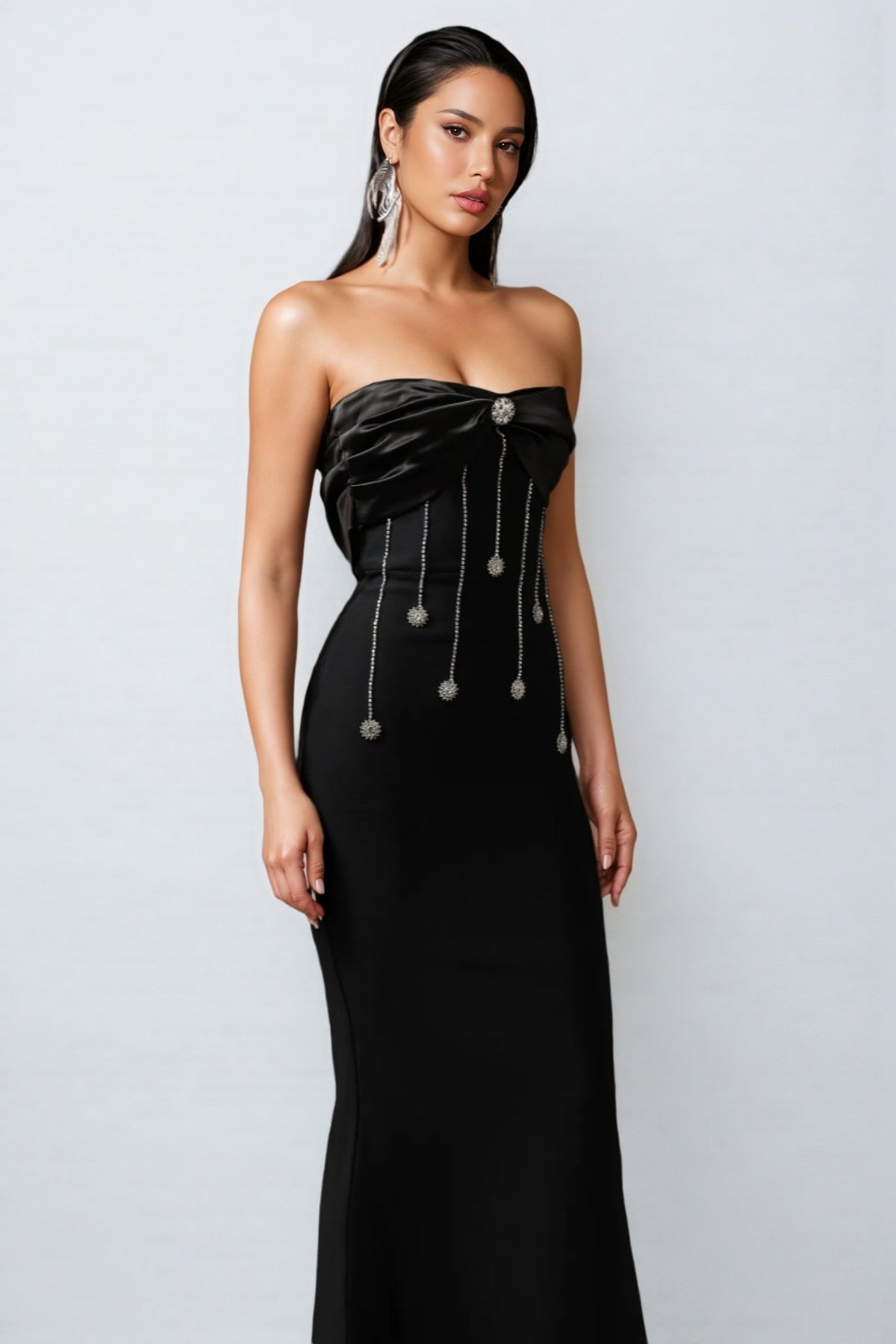 Rhinestone Bow Chain Fringe Strapless Bandage Mermaid Maxi Gown - View 4