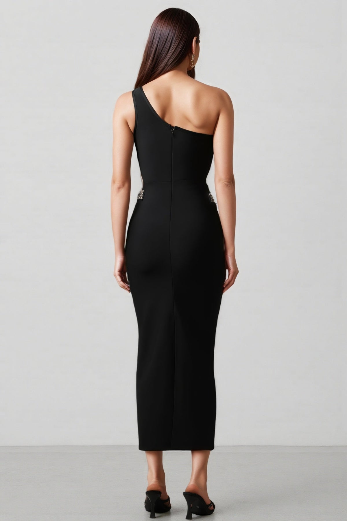 One Shoulder Pearl Rhinestone Trim Side Cut Out Bodycon Maxi Dress - View 5