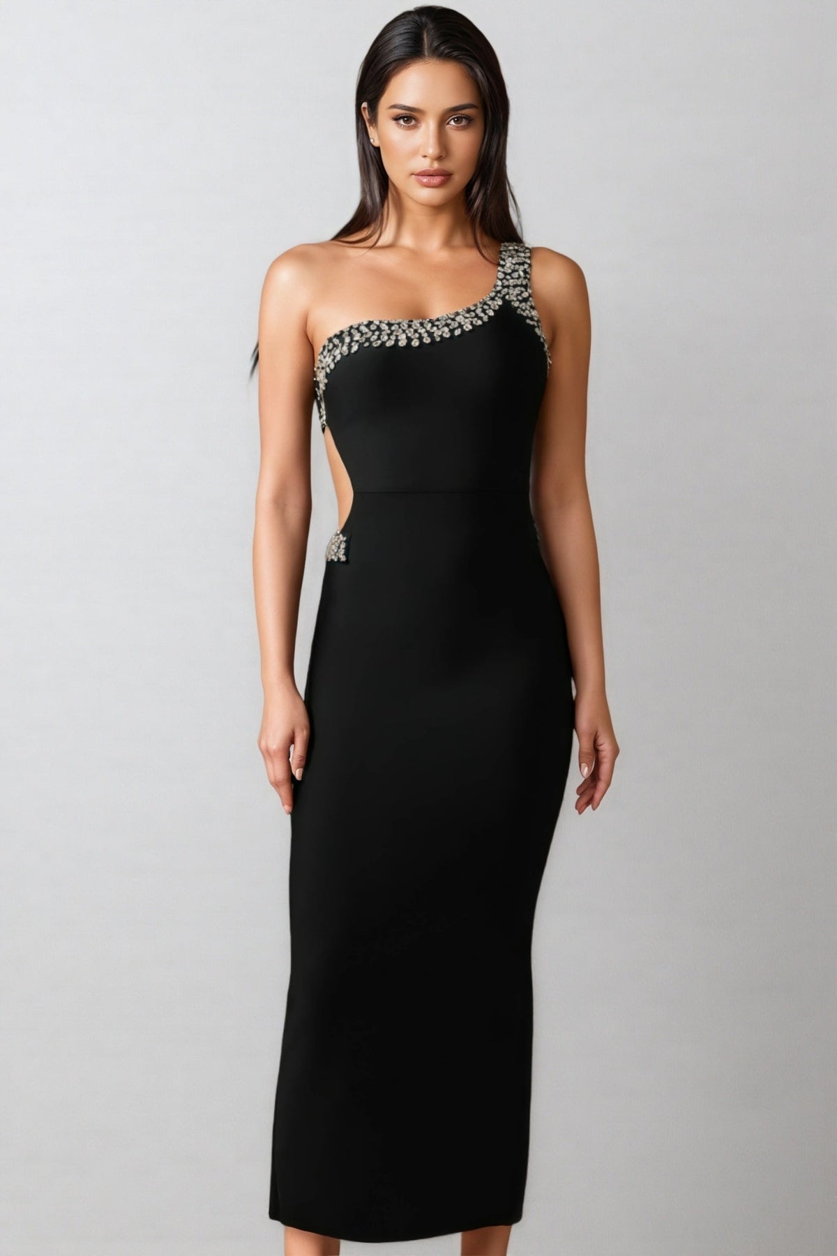 One Shoulder Pearl Rhinestone Trim Side Cut Out Bodycon Maxi Dress - View 4
