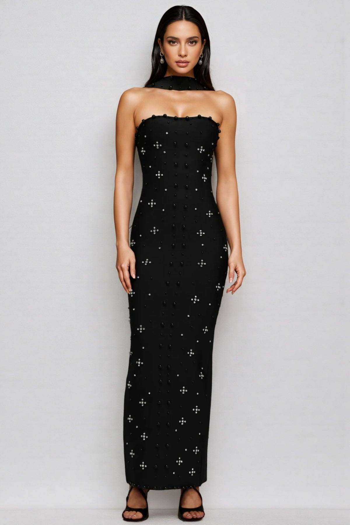 Pearl Beaded Strapless Choker Neck Bandage Bodycon Maxi Dress